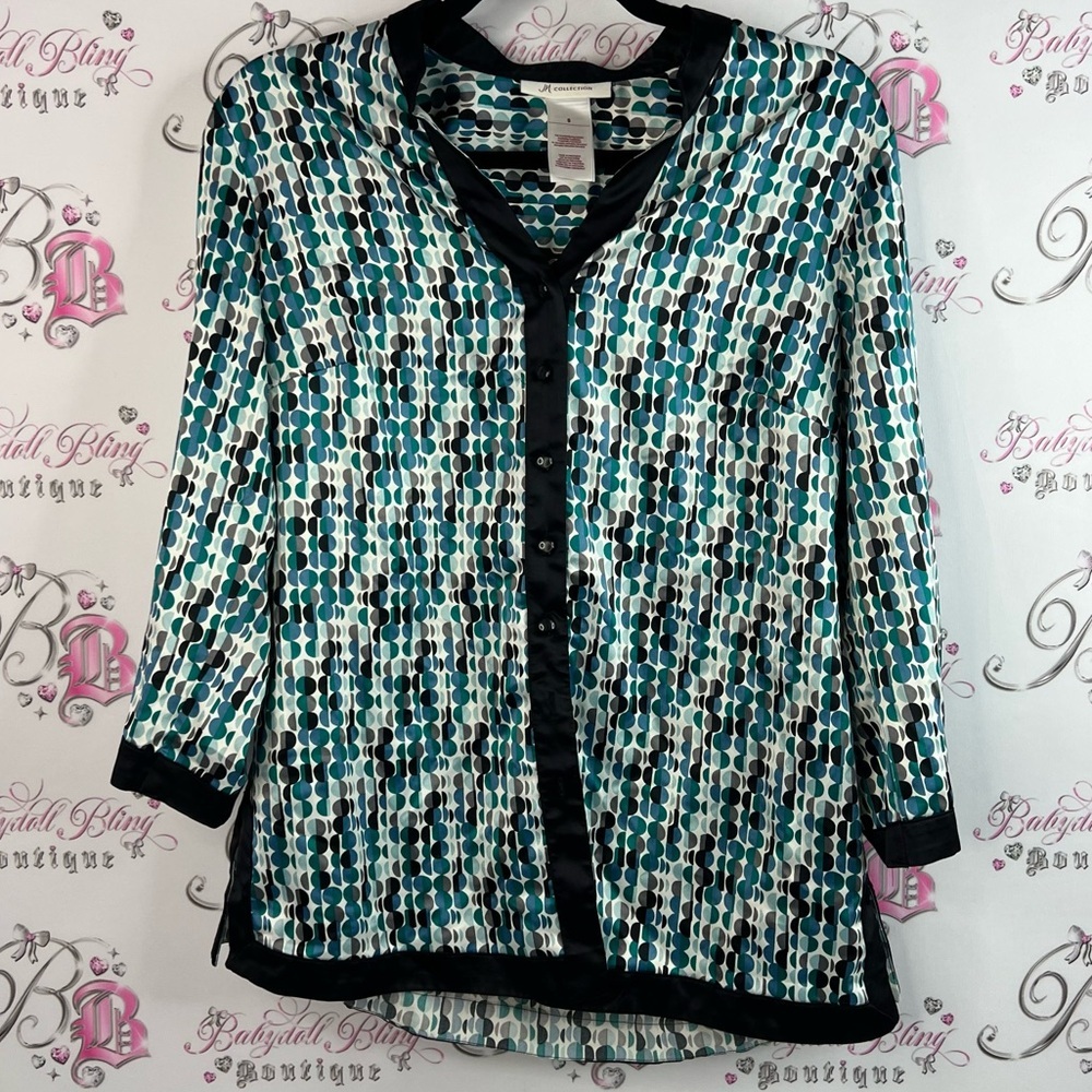 JM Collection blouse shiny dotted dots polka dot Black and Teal Patterned Blouse